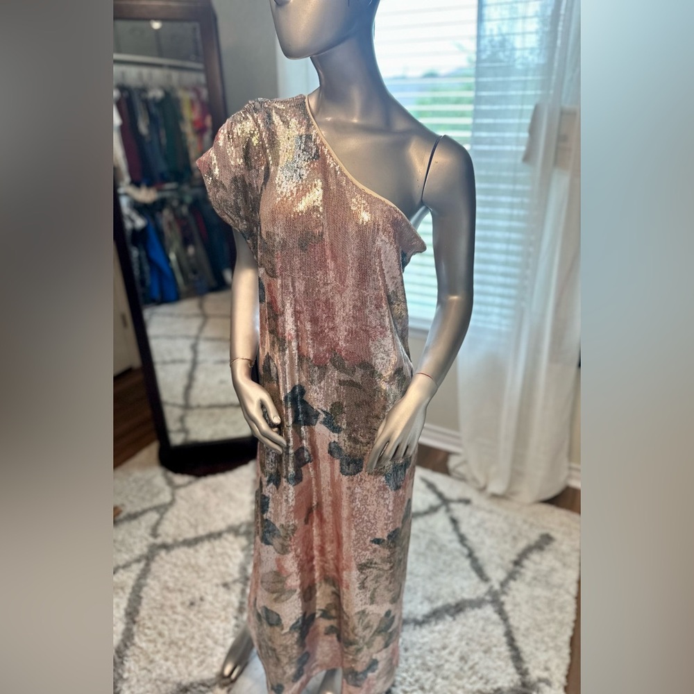 Porridge Anthropologie Sequin One-Shoulder Floral Maxi Dress Medium NWT